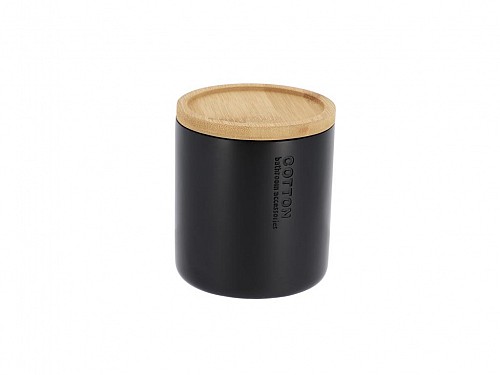 Δοχείο οργάνωσης μπάνιου για βαμβάκι από πολυρητίνη και bamboo καπάκι, σε μαύρο χρώμα, 9.5x9.5x11 cm