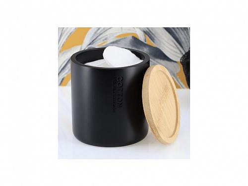 Δοχείο οργάνωσης μπάνιου για βαμβάκι από πολυρητίνη και bamboo καπάκι, σε μαύρο χρώμα, 9.5x9.5x11 cm