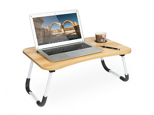 Δίσκος κρεβατιού τραπεζάκι laptop, πτυσσόμενο, με ξύλινη επιφάνεια και μεταλλικά πόδια, 60x28x40 cm